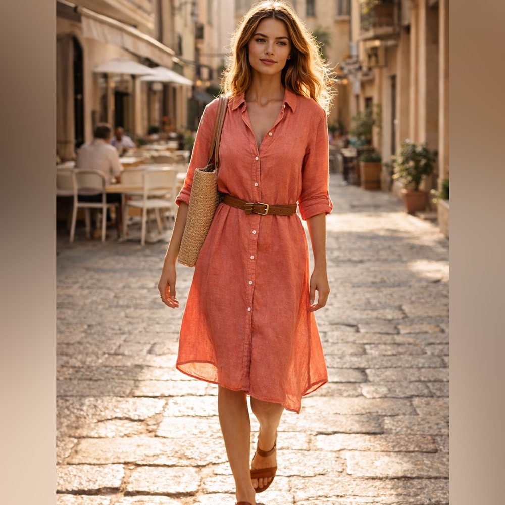 Freedom Trail Linen Cotton Shirt Dress | Coral · Coastal Summer /Travel Capsule